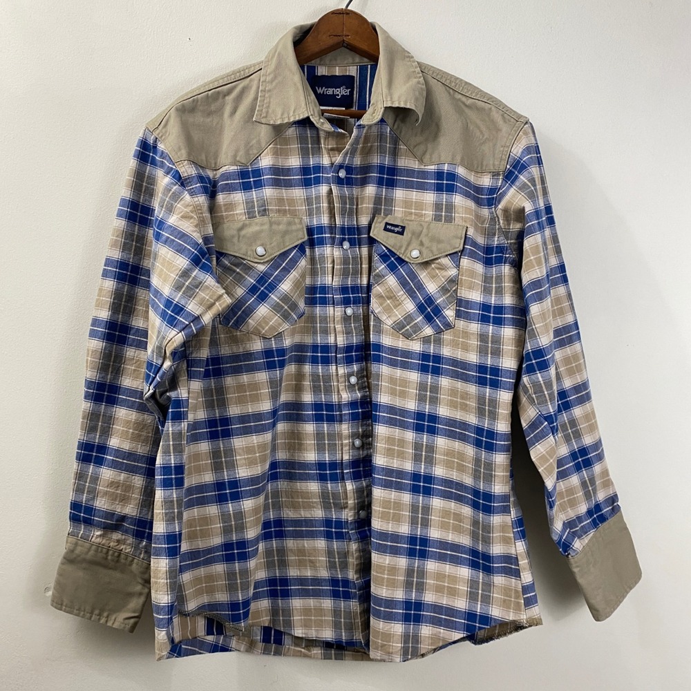 Wrangler Mens Western Shirt L Blue Tan Plaid Snap Button Cowboy Workwear Rustic
